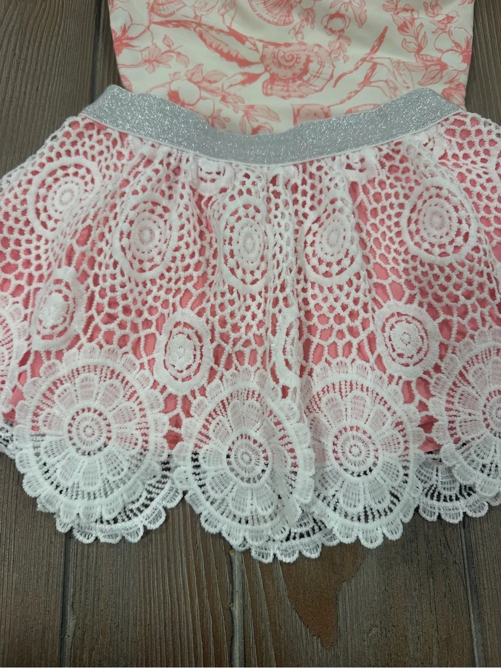 Pink & Cream Crochet Lace Swimsuit with Shell Straps